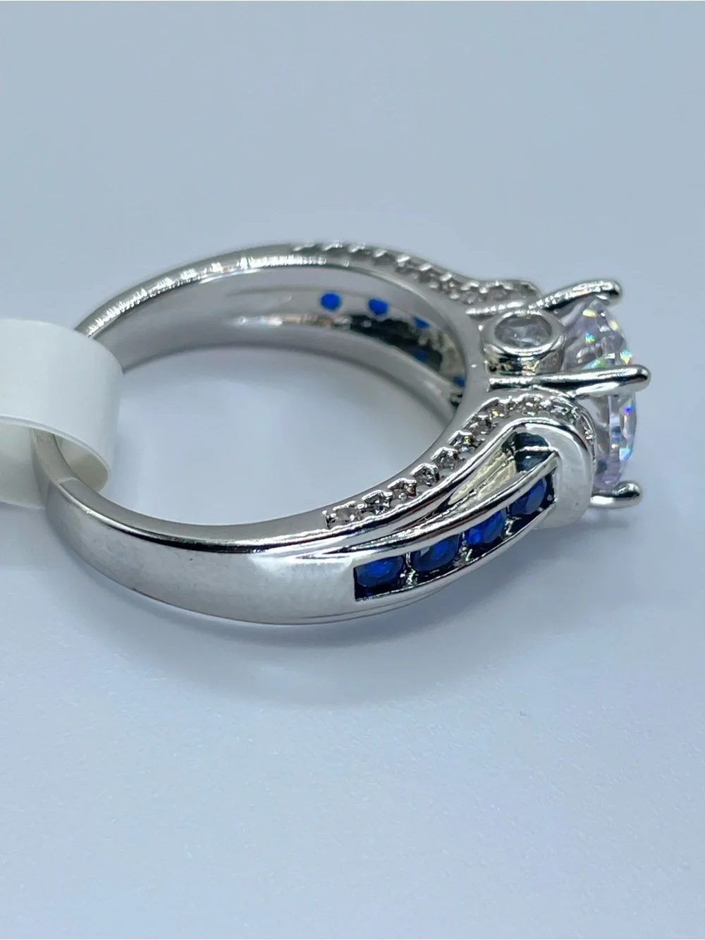 Swarovski Crystal Elements Blue White Crystal Solitaire Ring Sz 8.5 Glam Bridal